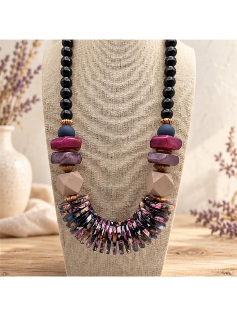 Purple Black Confetti Lucite Wood Disc Bead Statement Necklace Geometric C1946